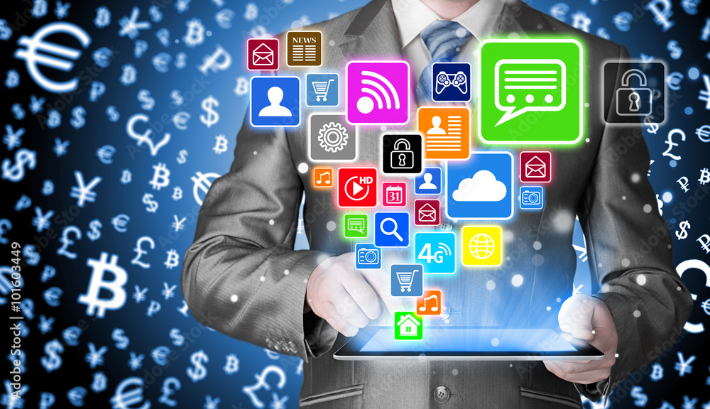 Business man using tablet PC with social media icon set Business man using tablet PC with social media icon set