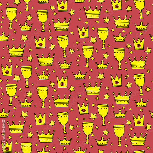 Seamless pattern with crowns, goblets and stars in cartoon style