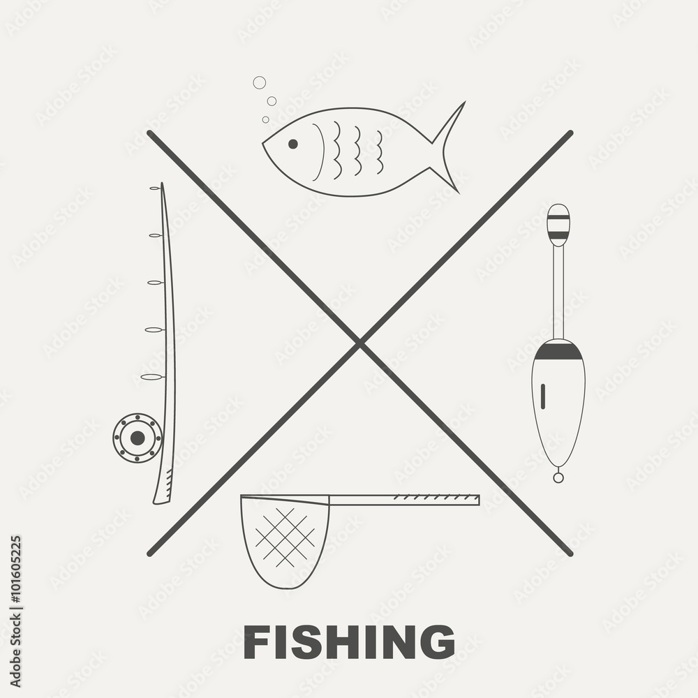 Collection of different fishing gear made in modern line style vector.  Stock Vector
