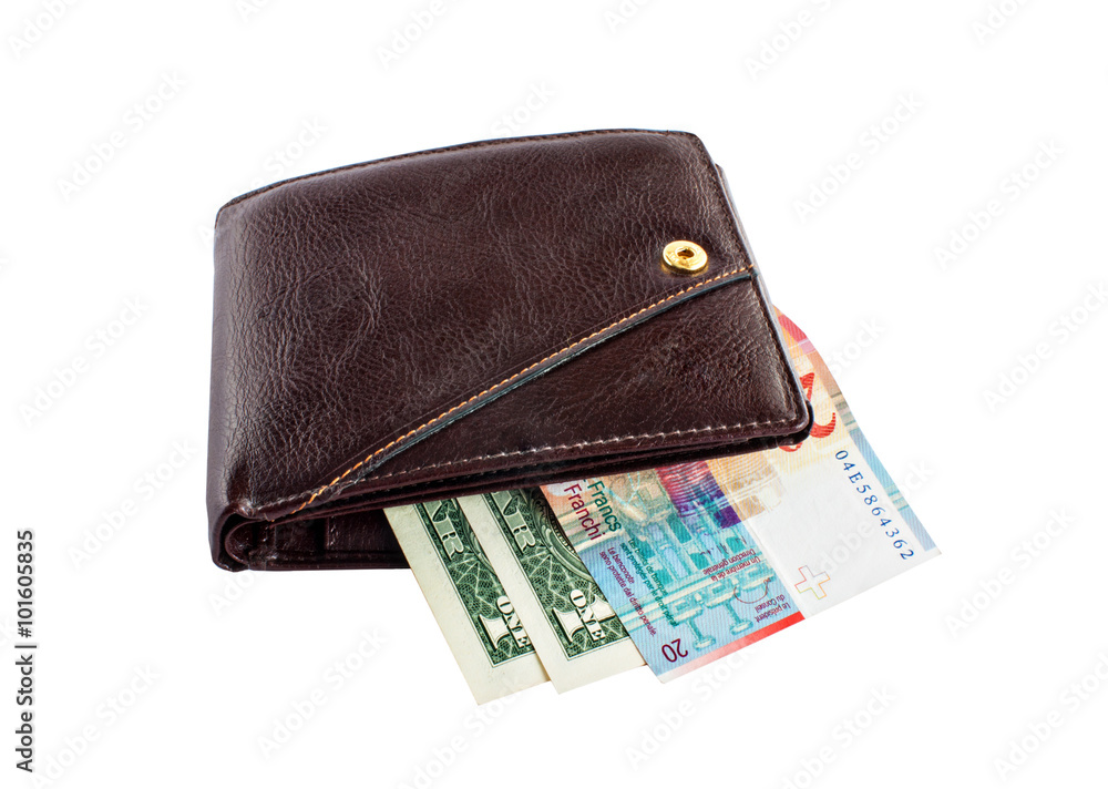 Brown leather wallet with money isolated on white Brown leather wallet with money isolated on white