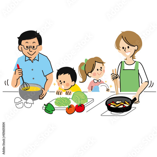 料理をする4人家族