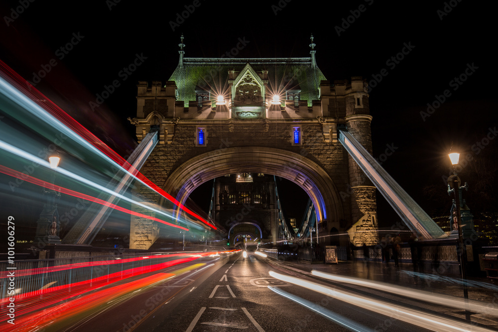 Light trails on Tower Bridge in London at Night