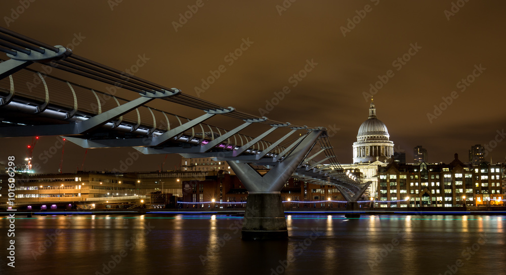 Millennium Bridge and St Paul's Cathedral in London at Night