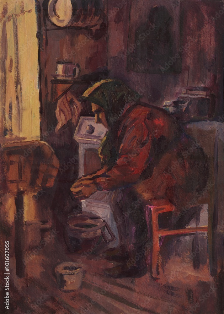 woman in the kitchen preparing food. Oil painting