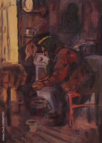 woman in the kitchen preparing food. Oil painting