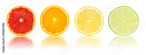 row of various citrus fruit slices isolated on white background