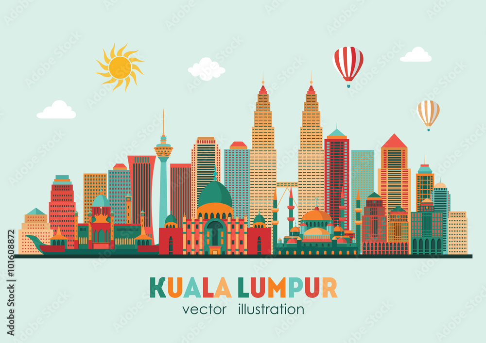 Naklejka premium Szczegółowa sylwetka Kuala Lumpur. Ilustracji wektorowych