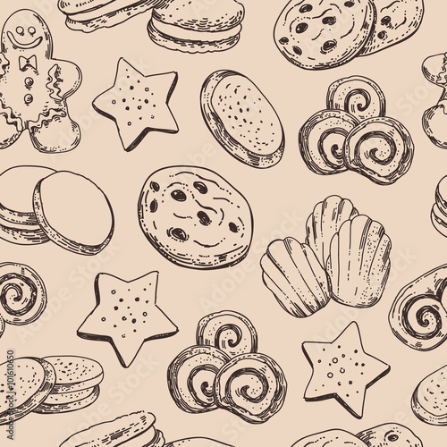 Vintage seamless background with Cookie and sweet pastry hand sketched illustrations