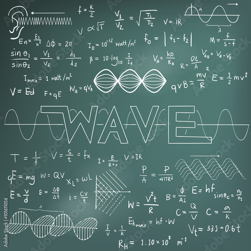 Wave physics science theory law math formula equation doodle handwriting and frequencies model icon in blackboard background used for school education and decoration (vector)