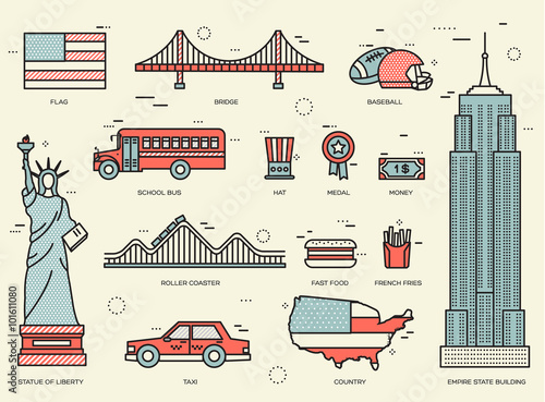 Country USA travel vacation guide of goods, places and features. Set of architecture, foods, sport, items, nature background concept. Infographics template design for web and mobile. On thin lines 