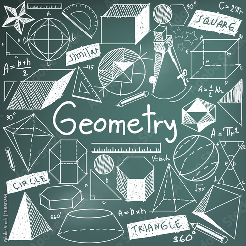 Geometry math theory and mathematics doodle icon in blackboard background with hand drawn geometric model used for school education and document decoration, create by vector