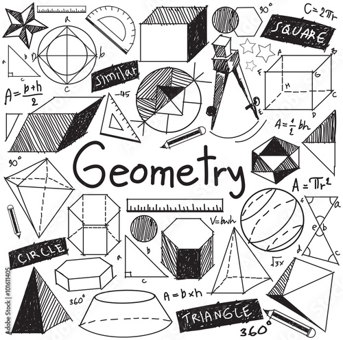Geometry math theory mathematics formula doodle handwriting icon in white isolated background with hand drawn geometric model used for school education and document decoration, create by vector