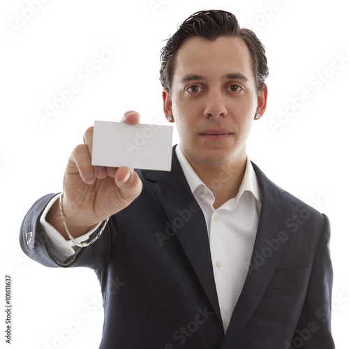 young business man is holding empty card for your own text