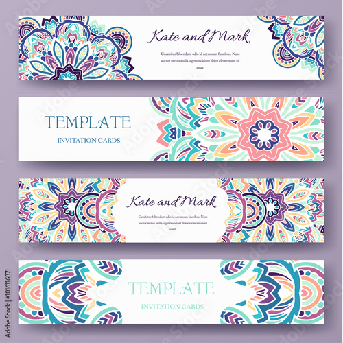 Set of ethnic ornament banners and flyer concept. Vintage art traditional, Islam, arabic, indian, ottoman motifs, elements. Vector decorative retro greeting card or invitation design illustration.