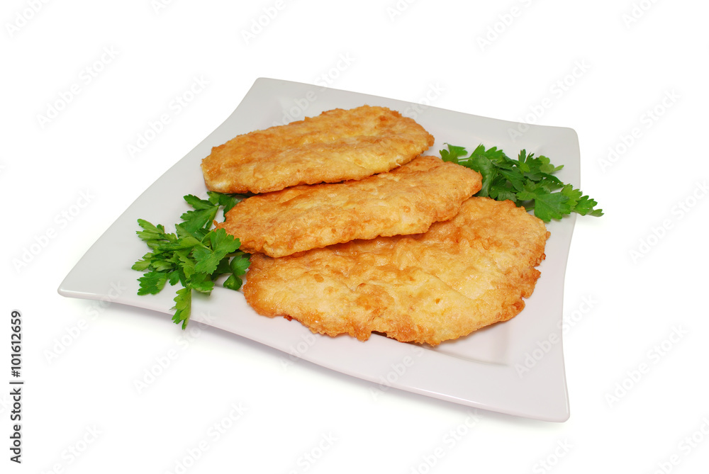 Fried Breaded Chicken Fillet in a Dish Isolated Against White Background