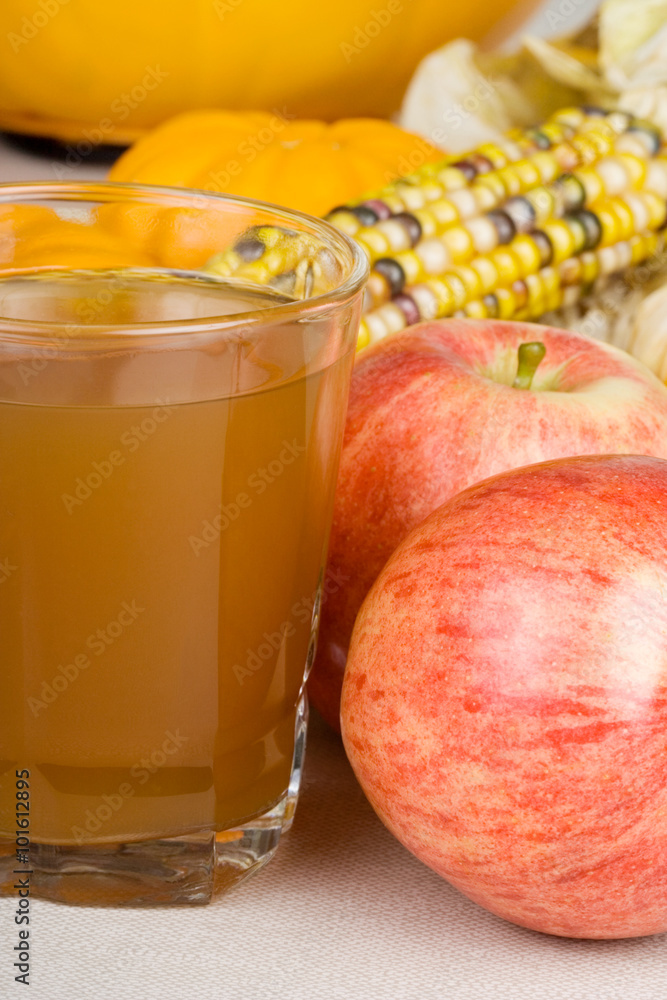 Glass of Apple Cider – A glass of apple cider. Apples, indian corn, and pumpkins in the background. Glass of Apple Cider – A glass of apple cider. Apples, indian corn, and pumpkins in the background.