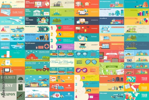 Big collection of banners in flat style. In Set themes: business, airport, online workshop, travel, medicine, eco, news, home appliance, farm, food, glasses, city, army, painter, export. Vector design