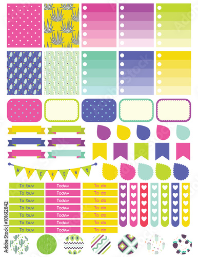 Stickers and label tags colorful set. Planner stickers, to do list card notes, memo for scrapbook and notepad. 