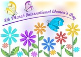 International Women's Day in beautiful pastel colors with colorful flowers and butterflies. 8th March greeting billboard or placard, useful for gift shop
