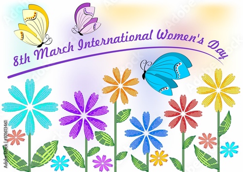 International Women's Day in beautiful pastel colors with colorful flowers and butterflies. 8th March greeting billboard or placard, useful for gift shop