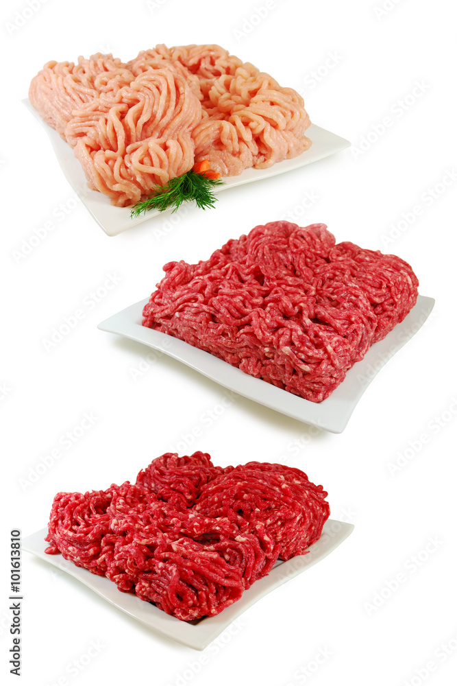 Set of Three Various minced meat. Pork, Beef, Chicken isolated on a white background Set of Three Various minced meat. Pork, Beef, Chicken isolated on a white background