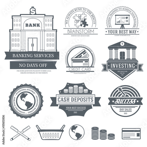 Business set label template of emblem element for your product or design, web and mobile applications with text. Vector illustration with thin lines isolated icons on stamp symbol. 