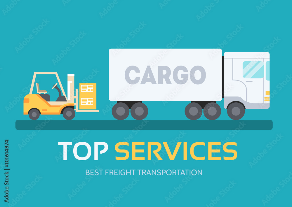 Cargo freight in flat design background concept.  Logistic equipment and delivery service. Icons for your product or illustration, web and mobile applications