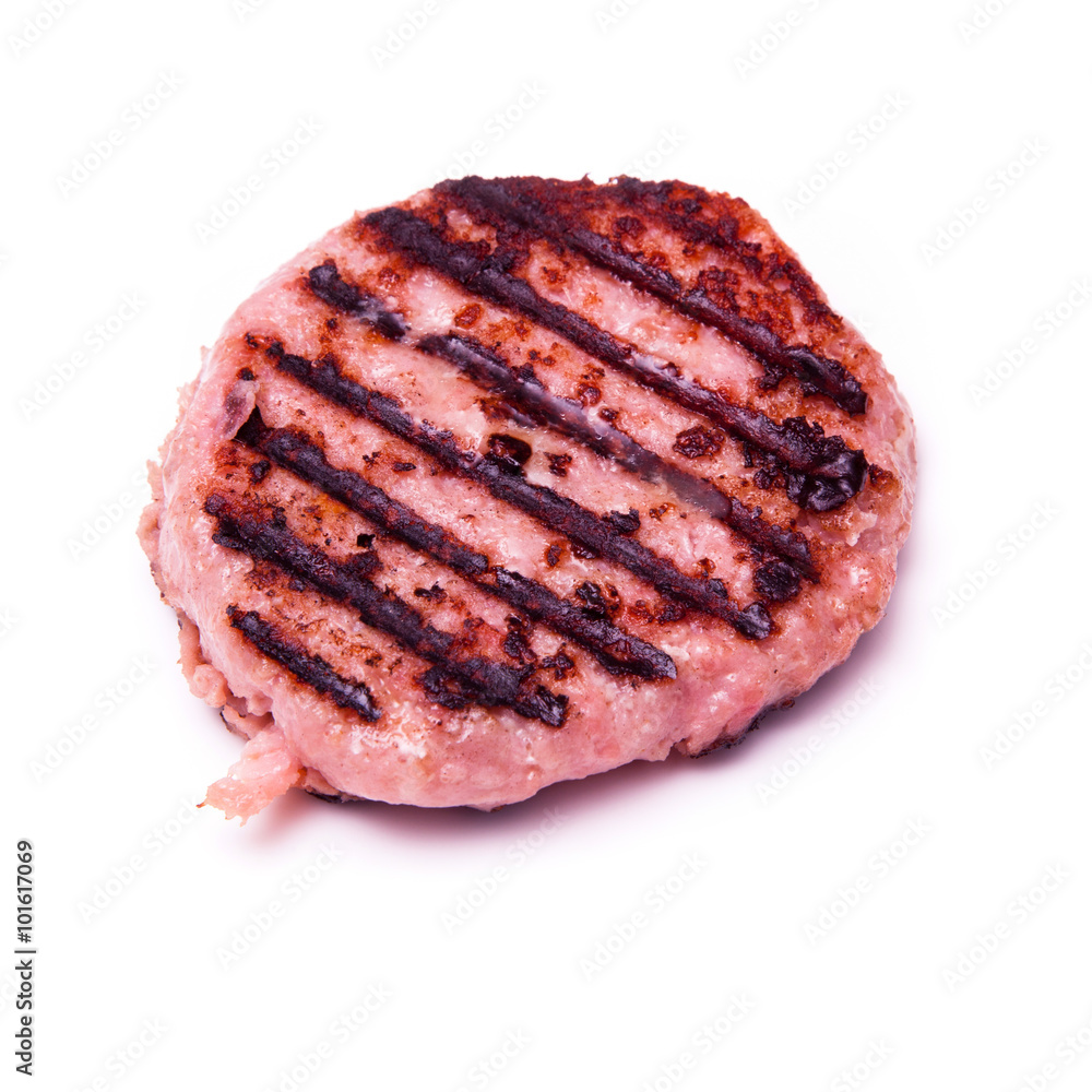 Grilled crocodile meat burger isolated on a white studio background. Grilled crocodile meat burger isolated on a white studio background.