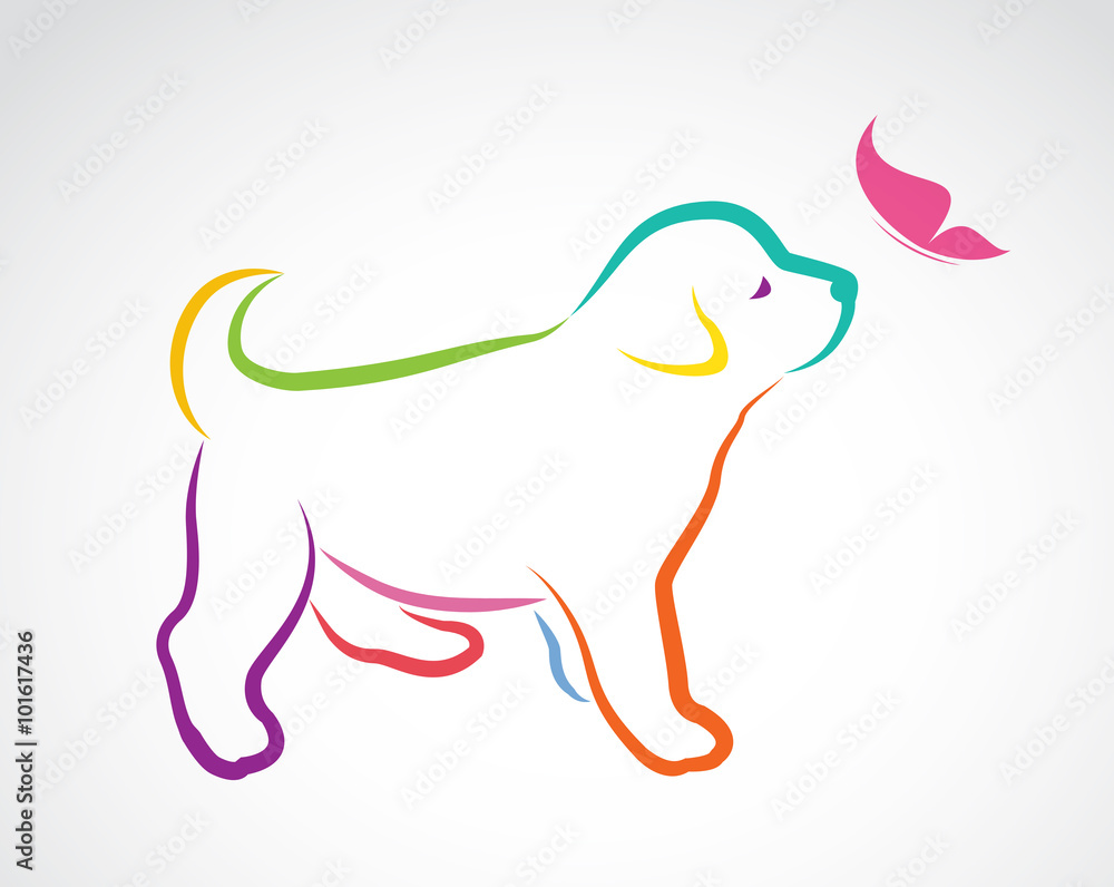 Vector image of dog and butterfly on white background