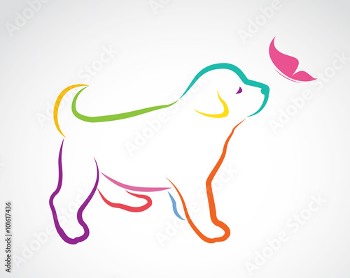 Vector image of dog and butterfly on white background