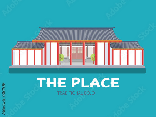 Fototapeta Naklejka Na Ścianę i Meble -  Japanese architecture house in flat design background concept. Japan traditional dojo place. Icons for your product or illustration, web and mobile applications.