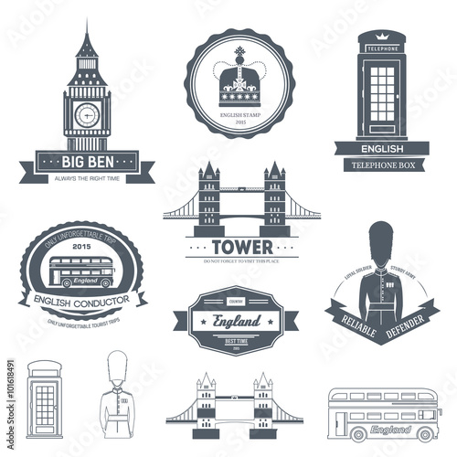 Country England label template of emblem element for your product or design, web and mobile applications with text. Vector illustration with thin lines isolated icons on stamp symbol. 