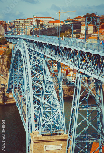 Bridge Luis I in Porto with selective focus.