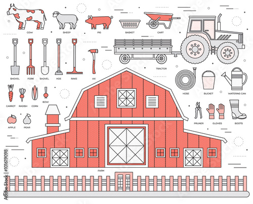 Organic farm in village set and tile in thin lines style design. instruments, flower, vegetables, fruits, hay, farm building, animals, tractor, tools, clothing. Vector illustrations background concept