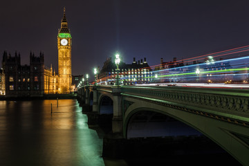 Light trails on Westminster Bridge, London, England, UK
