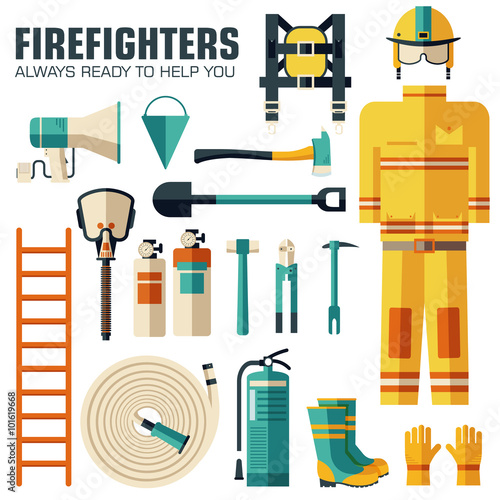 Flat firefighter uniform and first help equipment set and instruments. On flat style background concept. Vector illustration for colorful template for you design, web and mobile applications