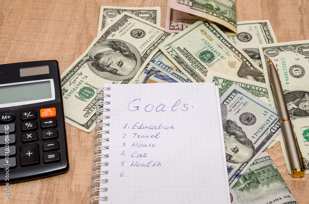 Financial goal concept, word on notepad with dollar bills, glasses and calculator Financial goal concept, word on notepad with dollar bills, glasses and calculator