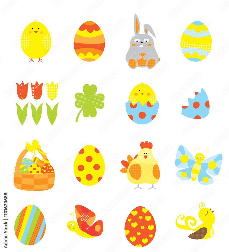 Easter elements collection with easter eggs, basket,cute  bunny , tulip, chick / vectors set for children
