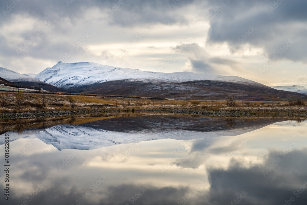 Reflection of snow mountain range in ice sheet lake in cloudy day autumn season Iceland Reflection of snow mountain range in ice sheet lake in cloudy day autumn season Iceland
