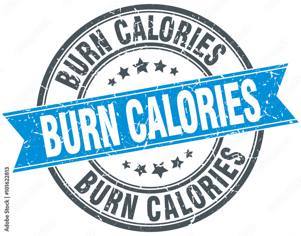 burn calories blue round grunge vintage ribbon stamp