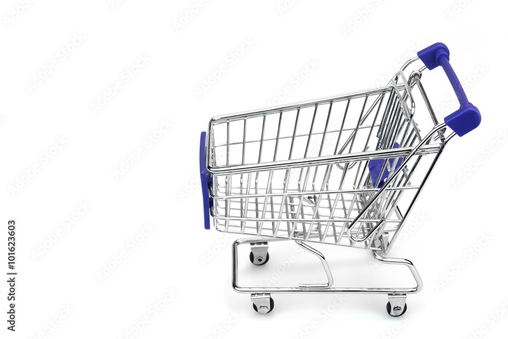 New Empty Blue Shopping Cart Isolated On White, Side View New Empty Blue Shopping Cart Isolated On White, Side View