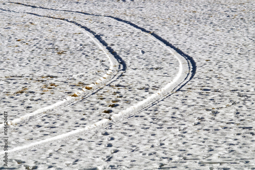 Vehicle footprints on snow-covered field