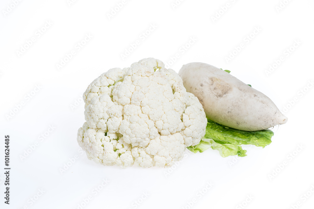 cauliflower and daikon radishes isolated on white background
cauliflower and daikon radishes isolated on white background