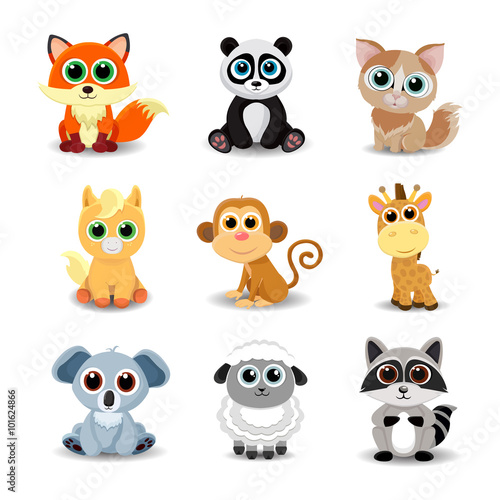 Collection of cute animals including fox  panda  cat  pony  monkey  giraffe  koala  sheep and raccoon. Color vector illustration.
