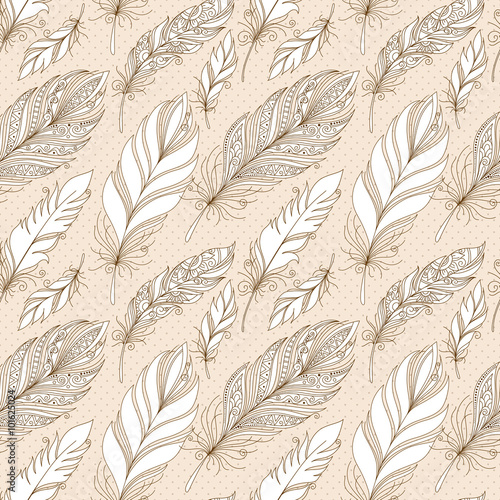 Vector Seamless Pattern with Doodle Feathers