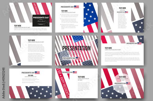 Set of 9 templates for presentation slides. Presidents day background with american flag, abstract vector illustration