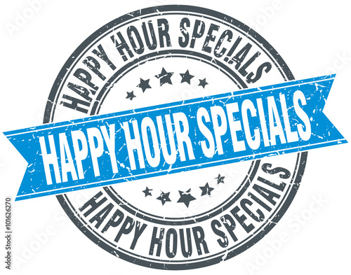 happy hour specials blue round grunge vintage ribbon stamp