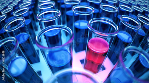 3D rendered blue laboratory test tubes with red positive results photo