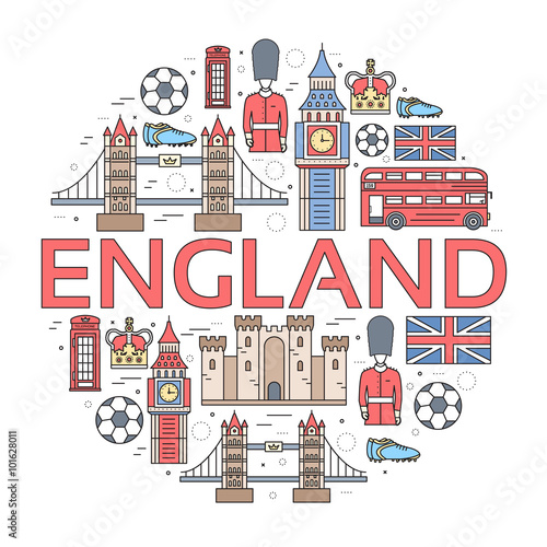 Country England travel vacation guide of goods, places in thin lines style design. Set of architecture, people, sport, icons background concept. Infographics template for web and mobile on vector flat