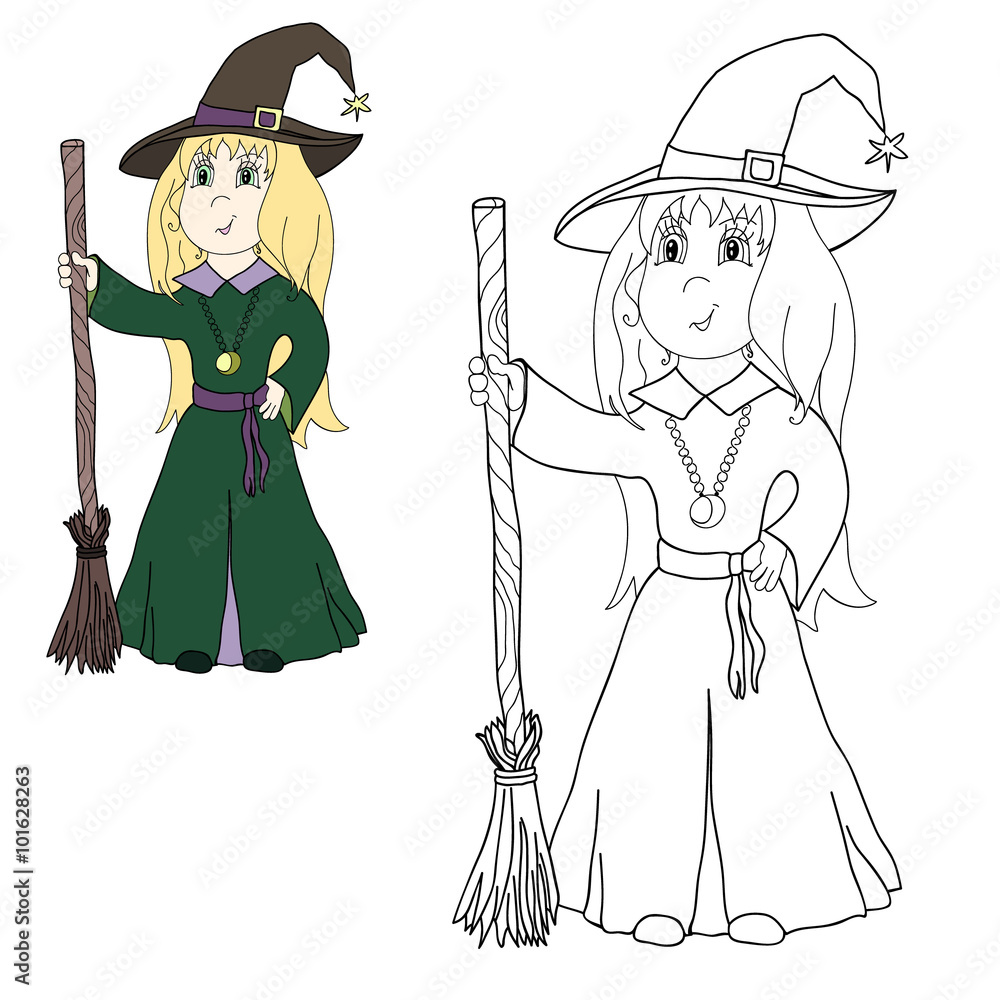 witch in the green dress in color and contour vector illustration